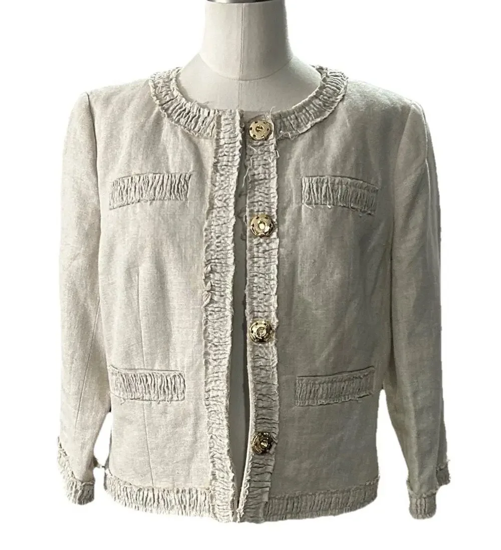 Michael Kors Linen Peplum Cropped Blazer Jacket Beige Gold Buttons Women's sz 6P